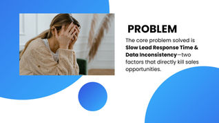 "Problem slide stating the core issue is Slow Lead Response Time and Data Inconsistency, which directly kills sales opportunities."