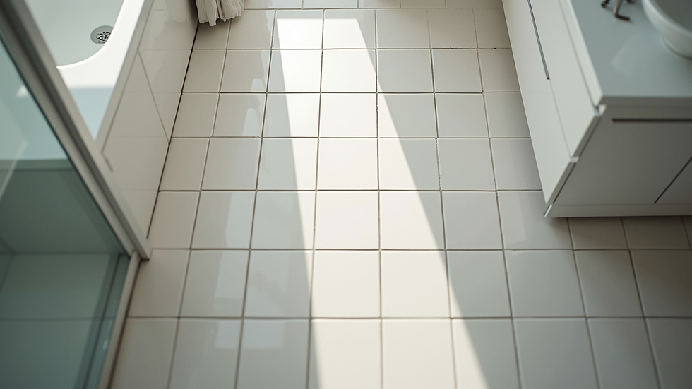 High angle view of a bathroom with porcelain tile flooring