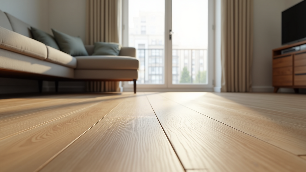 Eye-level view of a modern living room with vinyl plank flooring