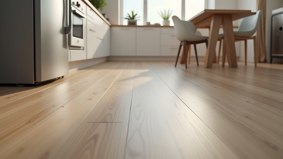 Eye-level view of a modern kitchen with waterproof vinyl plank flooring