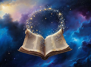 An ethereal cosmic sky, stars forming the shape of an open book or scroll..jpg
