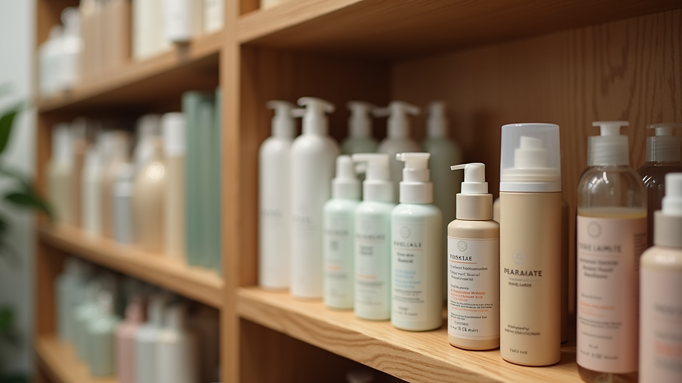 Eye-level view of hair care products arranged on a wooden shelf
