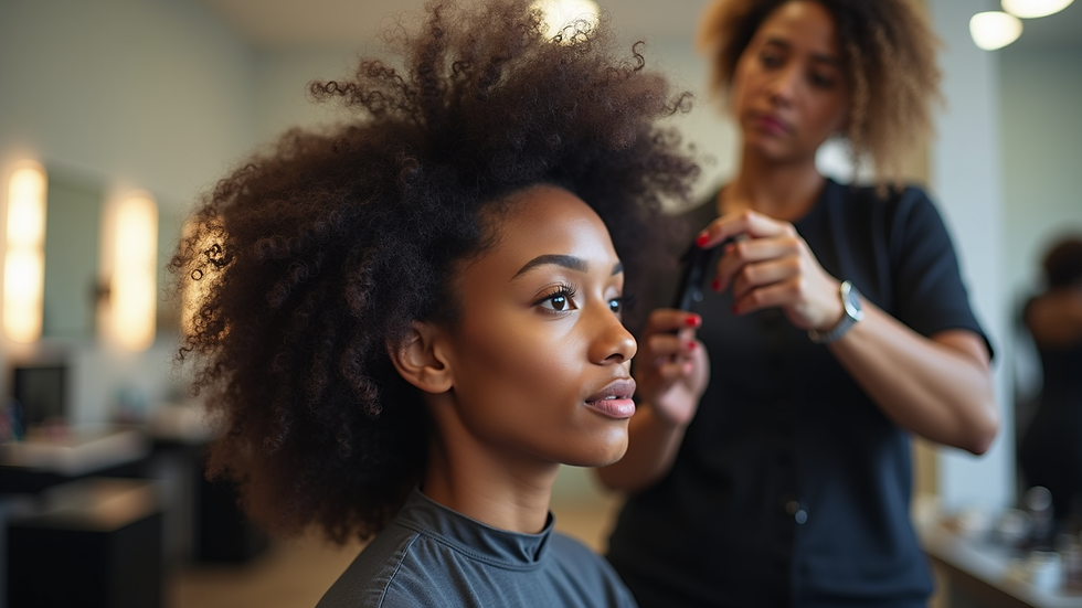 Eye-level view of a hairdresser styling afro-textured hair in a salon