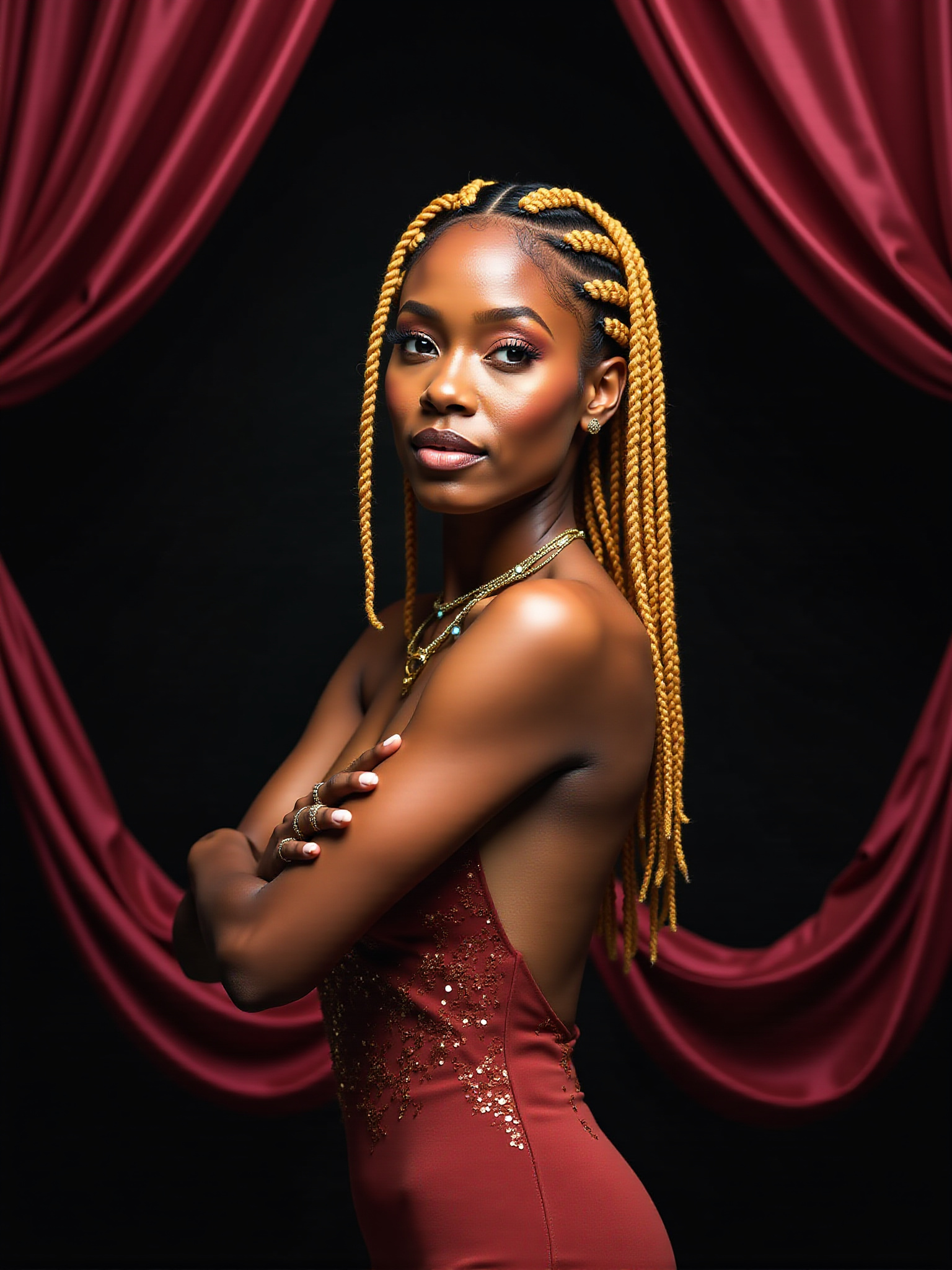 Woman with golden braids, elegant pose