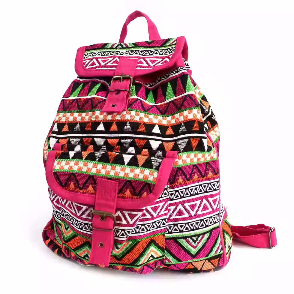 Jacquard Bag Pink Backpack | Boho Cotton Pink Travel Backpack