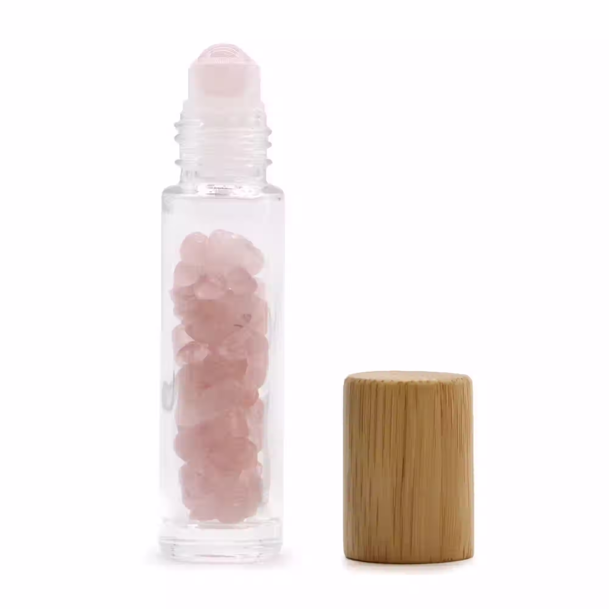 Rose Quartz Gemstone Essential Oil Roller Bottle with Wooden Cap