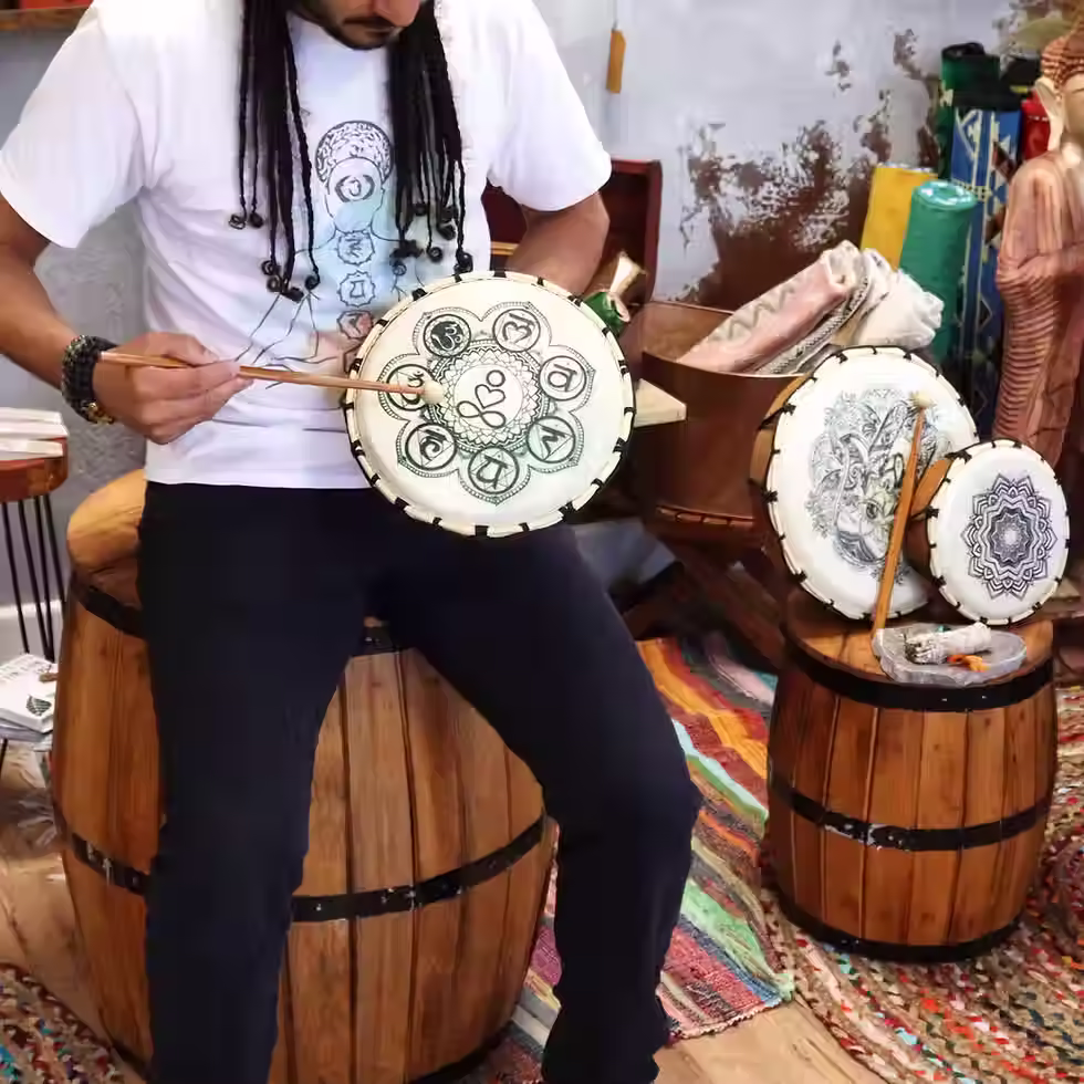 Thumbnail: Chakra Shamanic Drum with Stick - 25cm | Ritual Drum, Sound Healing & Meditation Instrument