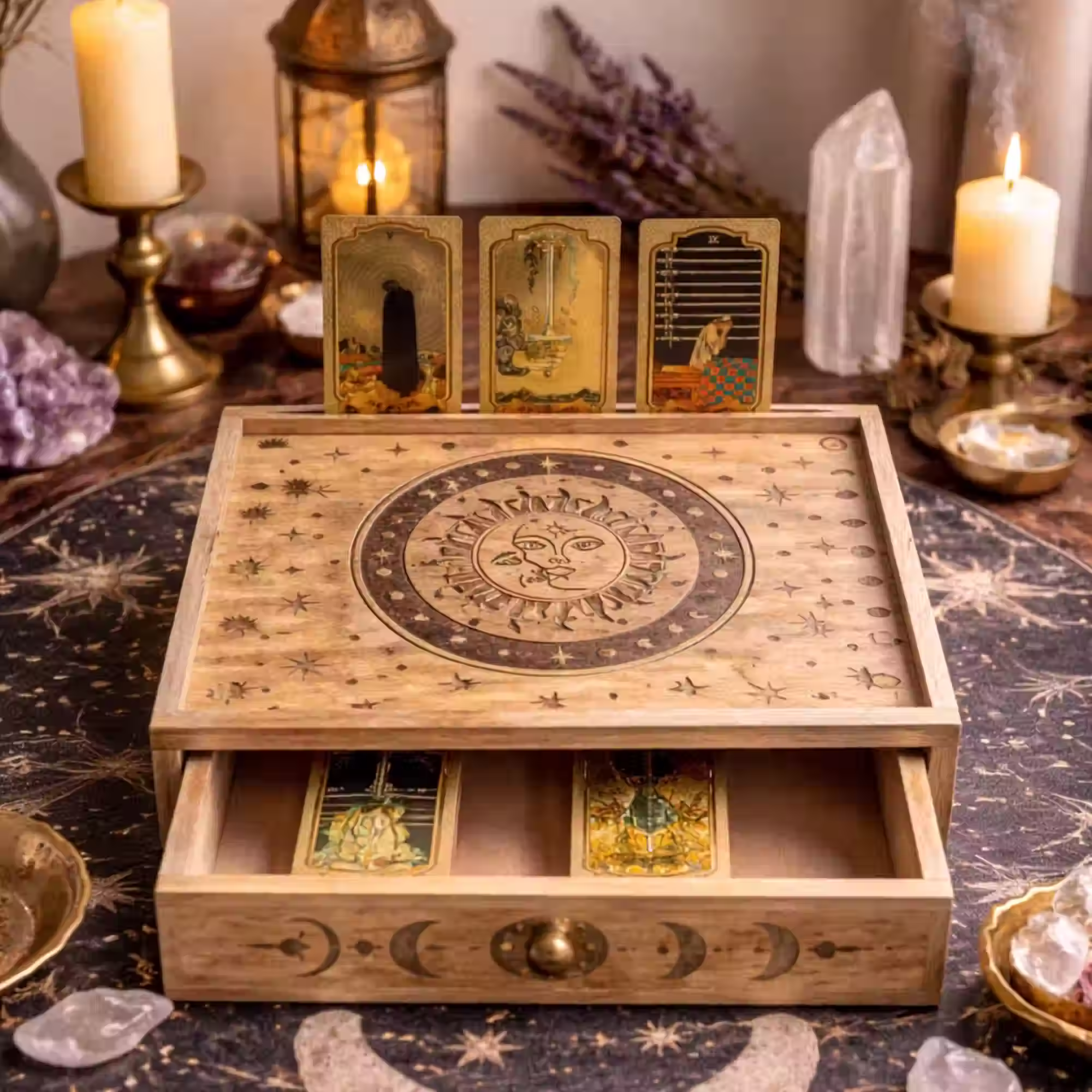Sun and Moon Carved Tarot Card Storage Box with Drawer | Tarot Card Storage, Tarot Card Reading Stand & Spiritual Decor