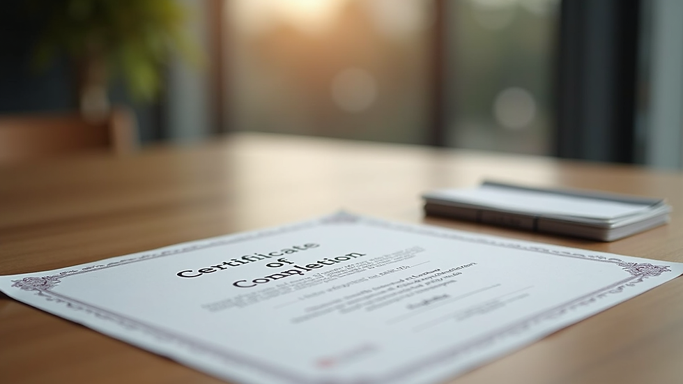 Eye-level view of a certificate of completion placed on a wooden desk