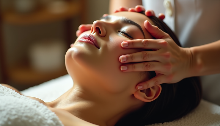 Close-up view of a therapist performing a scalp massage during a Japanese head spa treatment