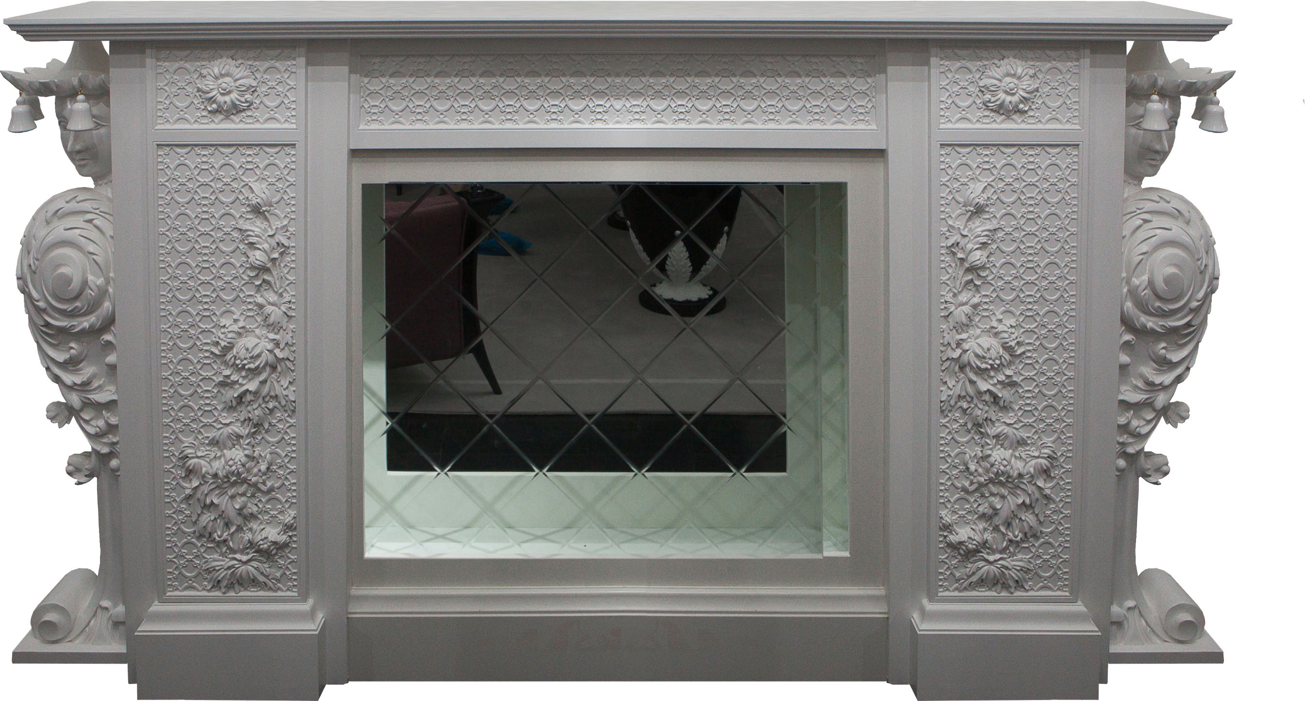 White Decorative Fireplace Сhinoiserie style in Solid Wood and Marble