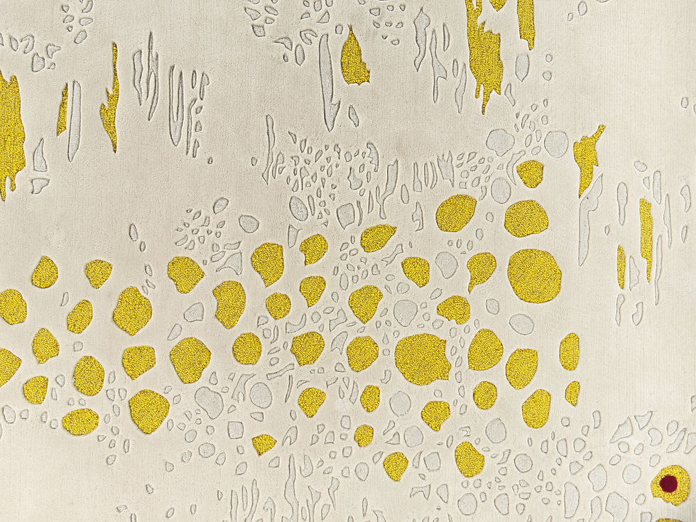 Thumbnail: Deep crimson abstract dot motifs handcrafted in fine New Zealand wool by Alex Sander