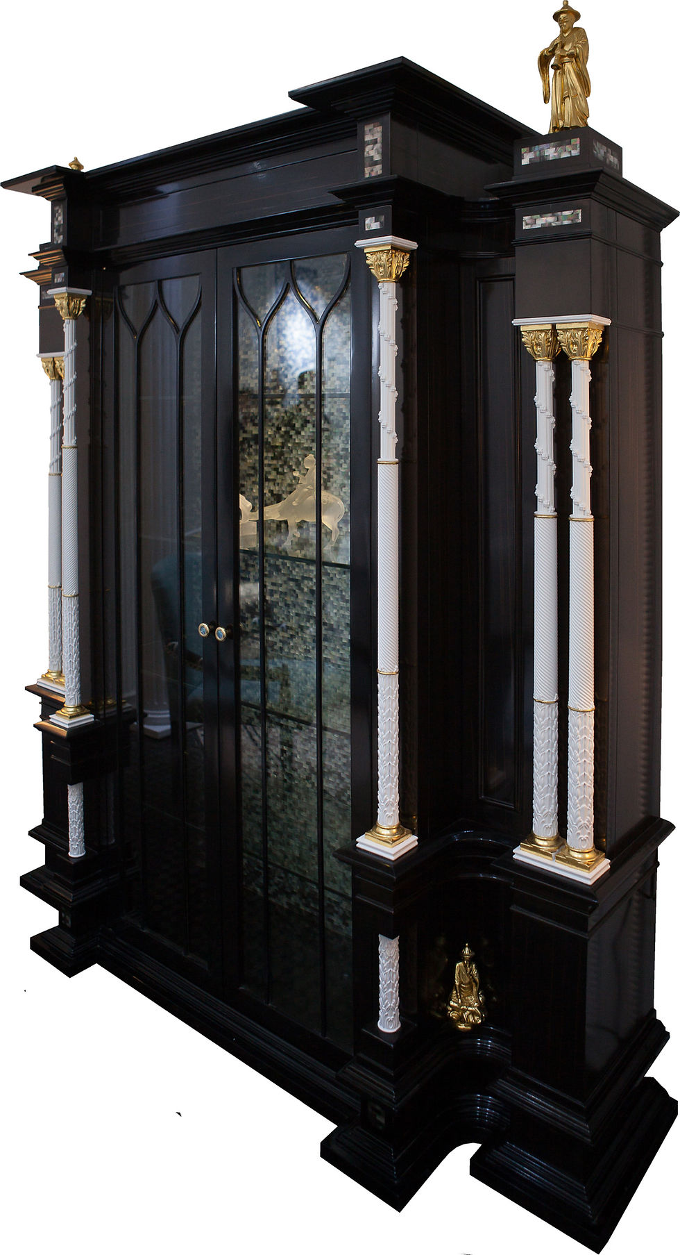 Cupboard in Chinoiserie style Ebony Wood, Pearl Mosaic, Gold Plated Elements