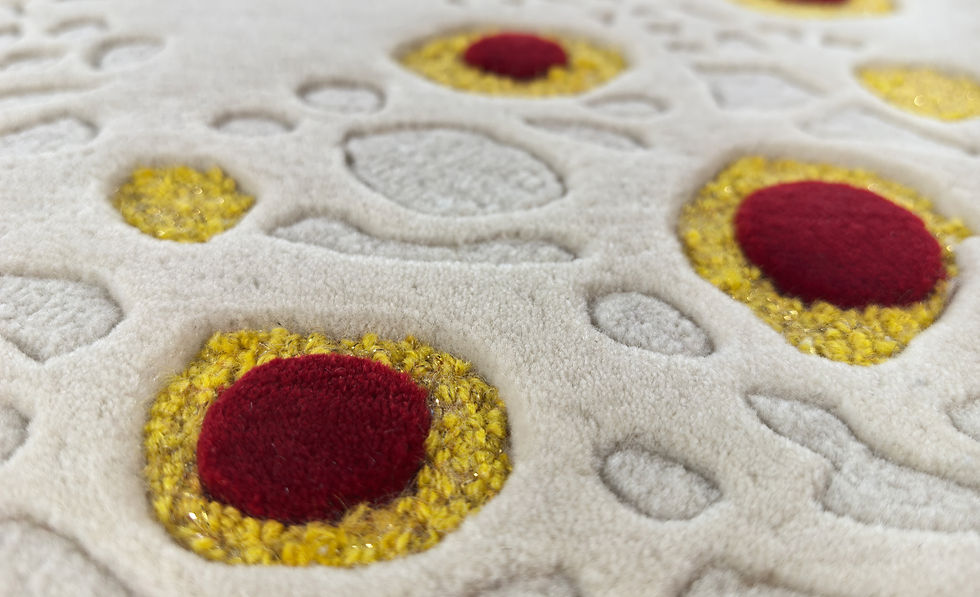 Thumbnail: Macro shot of the hand-bound edge and meticulous finishing of the Red Dots contemporary wool rug.