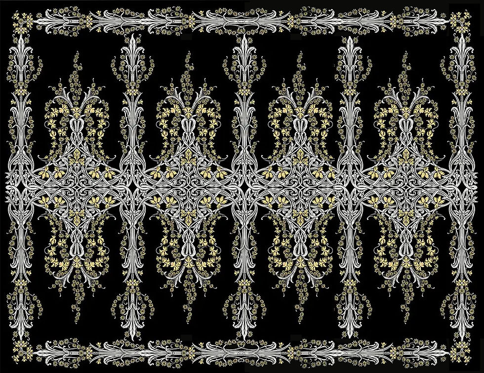 Silk Tufted Area Rug, Black and Silver Ornamental Design