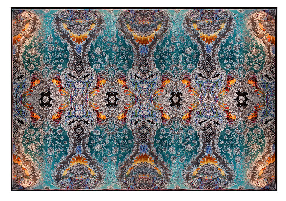 Western European Silk Tufted Rug, Luxury Collection, Jewelry Design, Blue Green