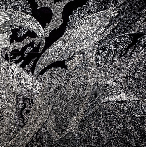 Intricate hand-embroidery process using silver gilt threads on silk, showcasing the traditional couching technique and the radiant metallic texture of a couture art masterpiece.