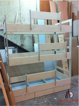 Triple bunk bed and ladder set with storage spaces