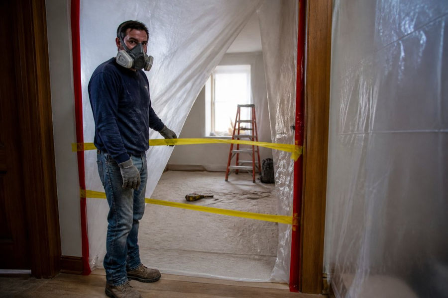 Homeowner wearing a respirator at a contained renovation area after asbestos found during work.