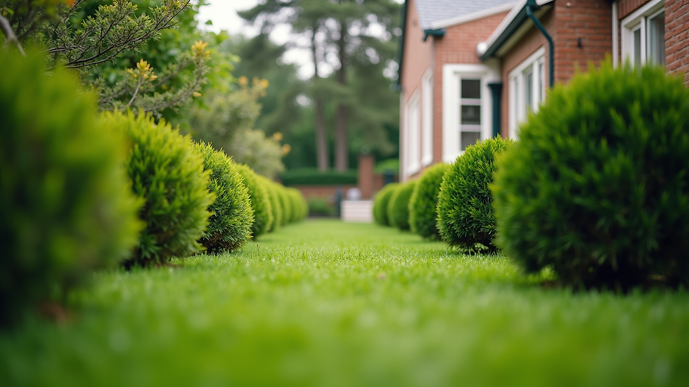Eye-level view of a well-maintained backyard with trimmed bushes