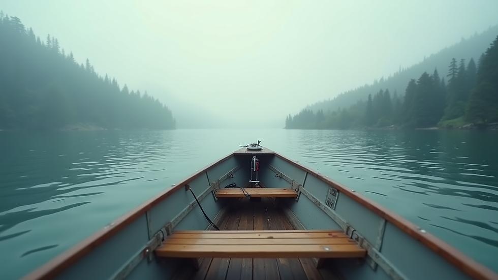 Eye-level view of a fishing boat on a serene lake