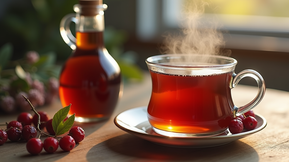 Close-up view of a steaming cup of herbal tea with elderberry syrup bottle nearby