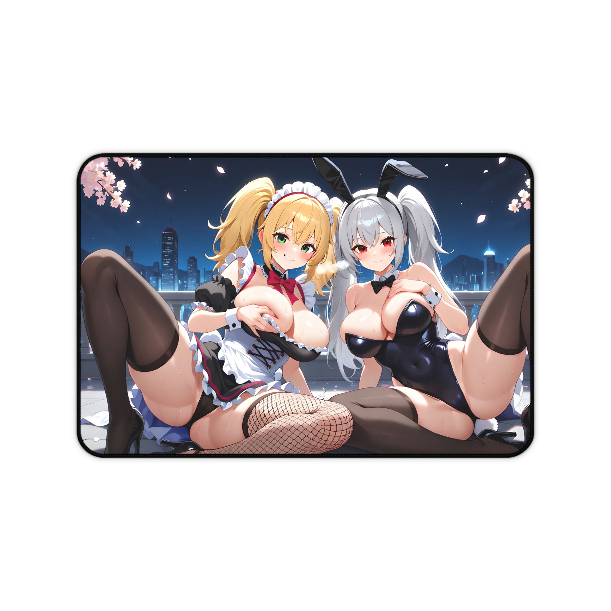 Sexy Anime Bunny Girls Desk Mat | Large Gaming Mousepad, Cherry Blossom Night