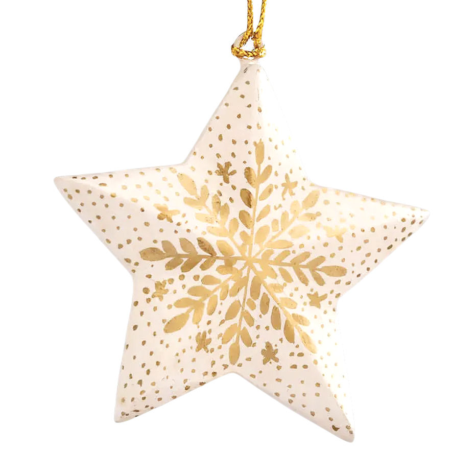 Stern handbemalt - weiss mit gold Schneeflocke