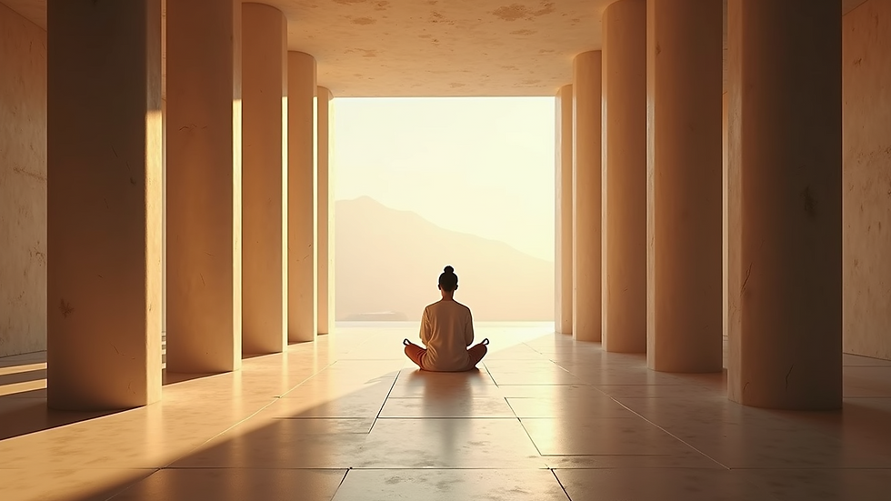 Eye-level view of a serene meditation space with soft lighting
