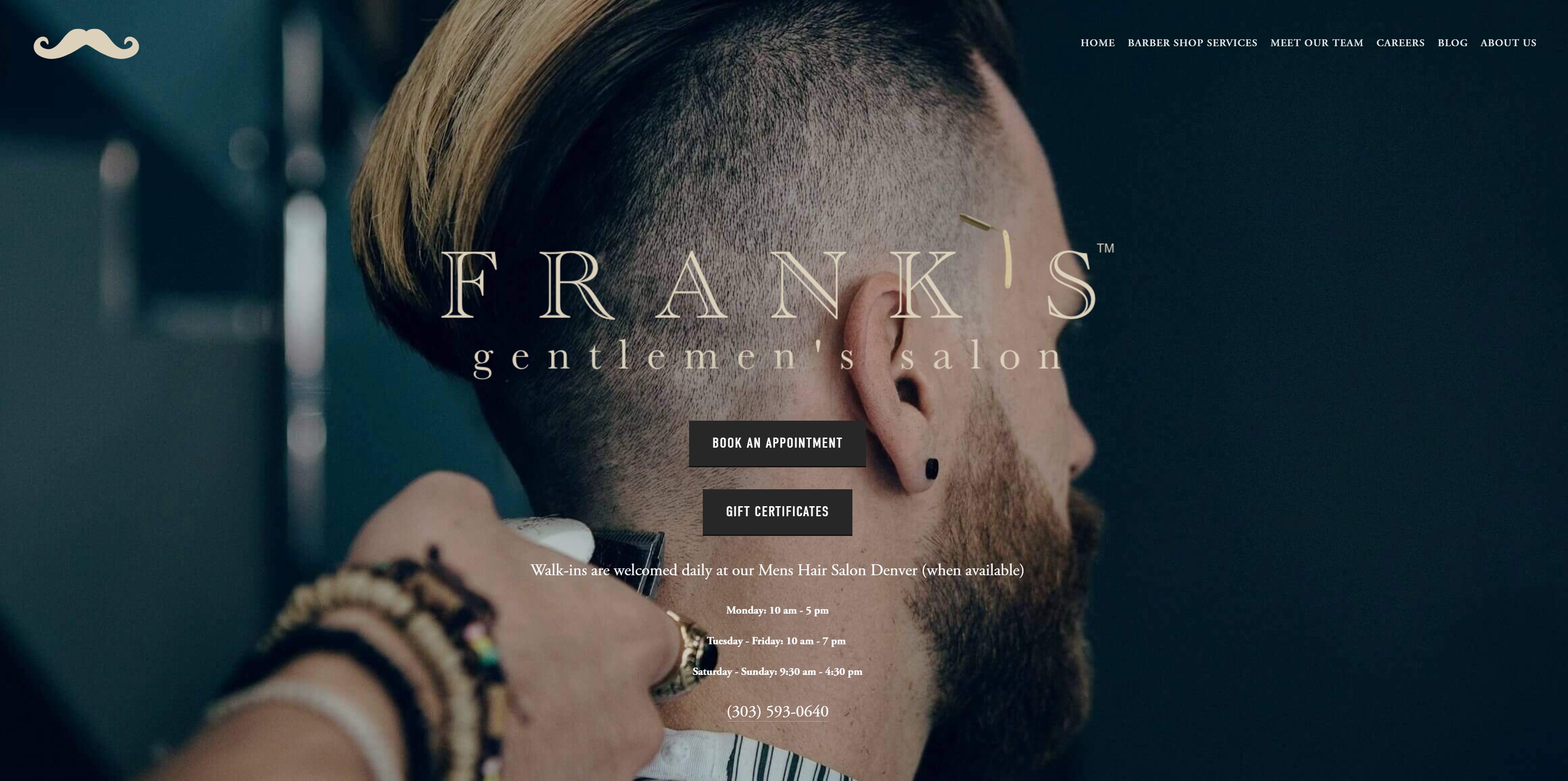 Archived Frank’s Gentlemen’s Salon website showing the Denver salon, navigation and booking links.
