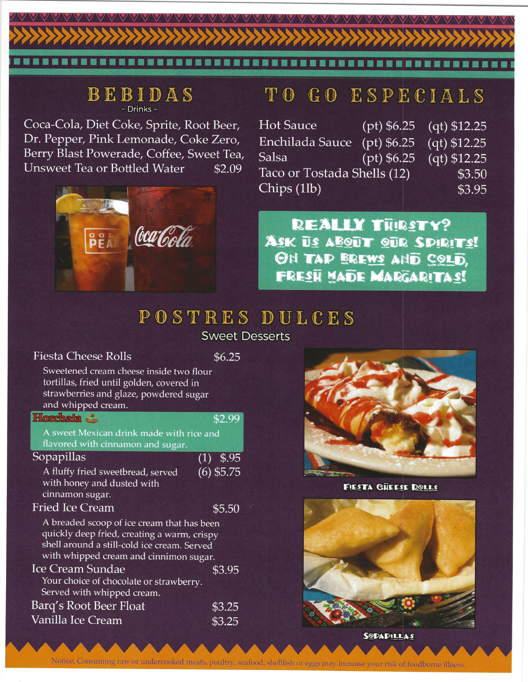 Archived Miguel’s menu page with purple and turquoise sections, drinks and dessert photographs.