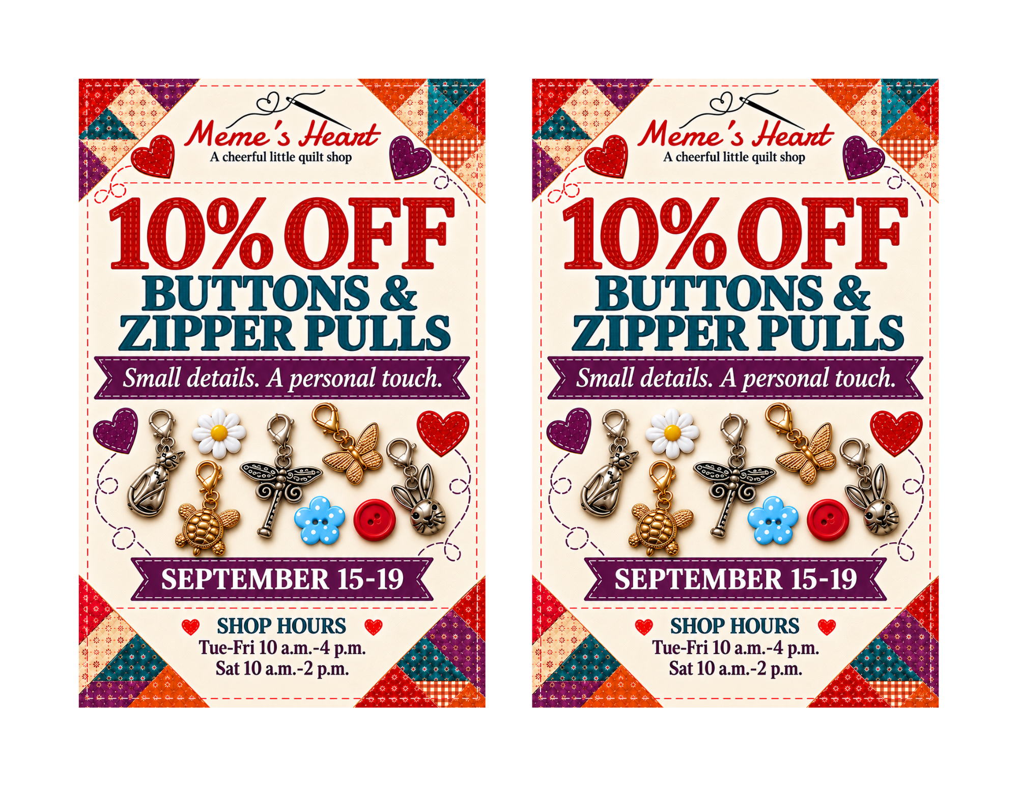 Actual two-up store signage for buttons and zipper pulls, with patchwork borders.