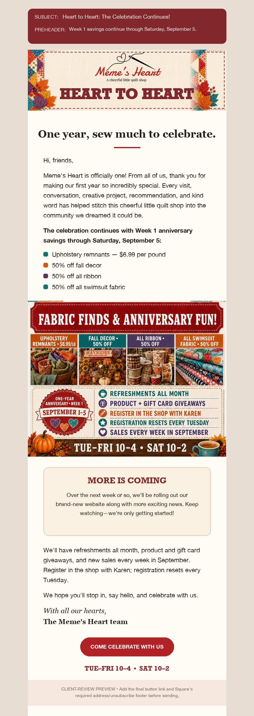 Meme’s Heart Heart to Heart email campaign preview with anniversary copy, promotional artwork, shop hours and a call-to-action button.