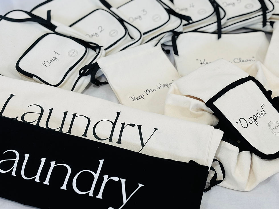 Close up view of cream and black laundry bags with a cream packing cube in the background
