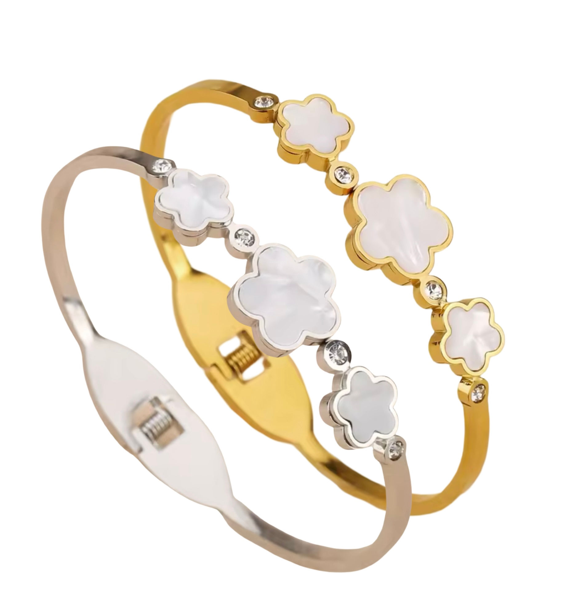 Mother of Pearl Triple Flower CZ Bangle Stainless Steel