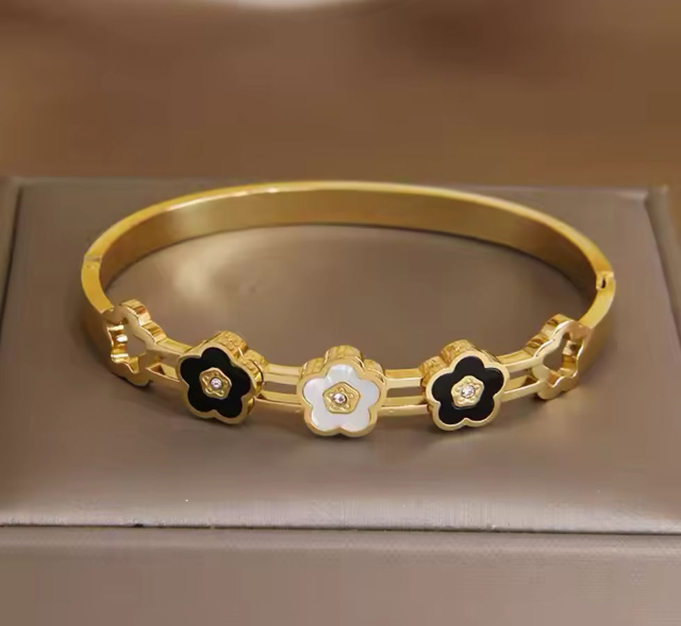 Thumbnail: Black and White Flower Bangle Stainless Steel 