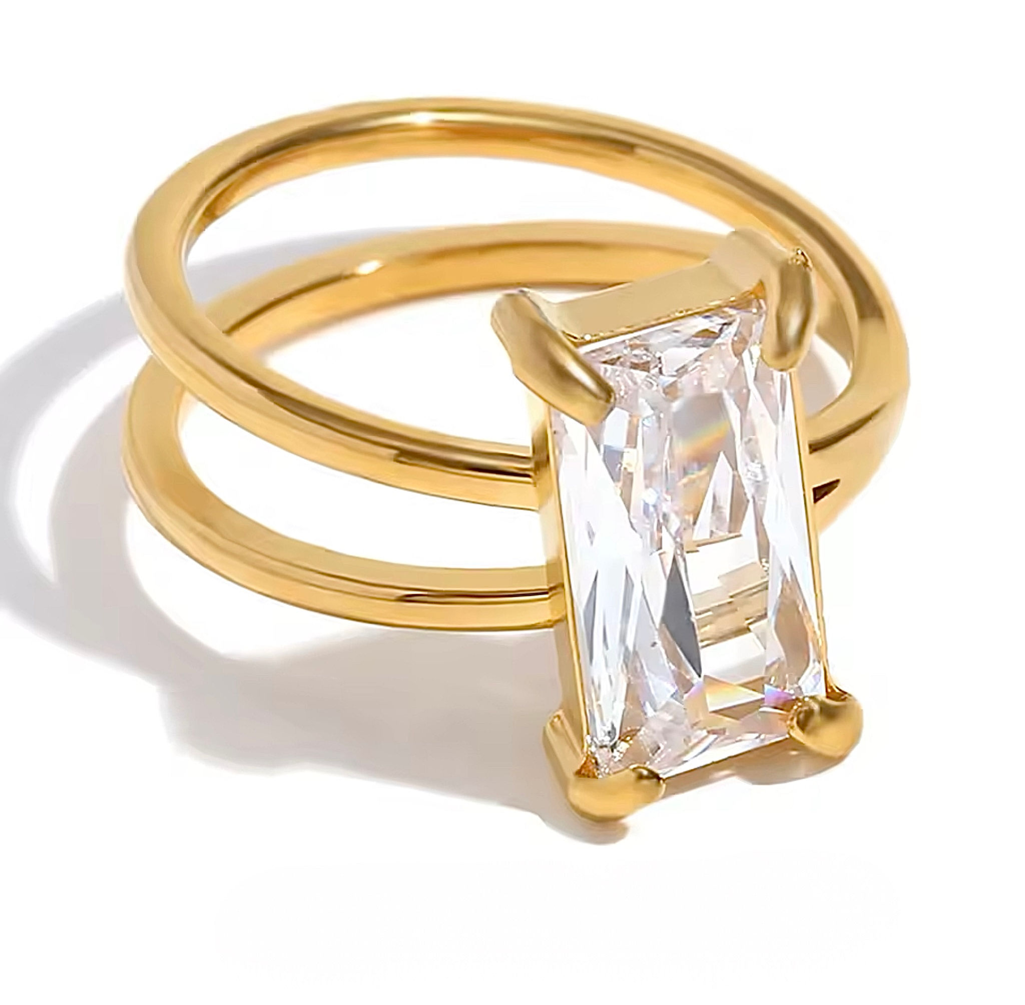 Unique CZ Solitaire Double Ring Stainless Steel 