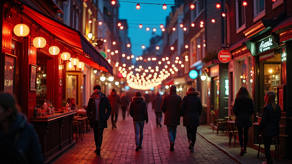Wide angle view of a lively bar street in Amsterdam with colorful lights and people walking