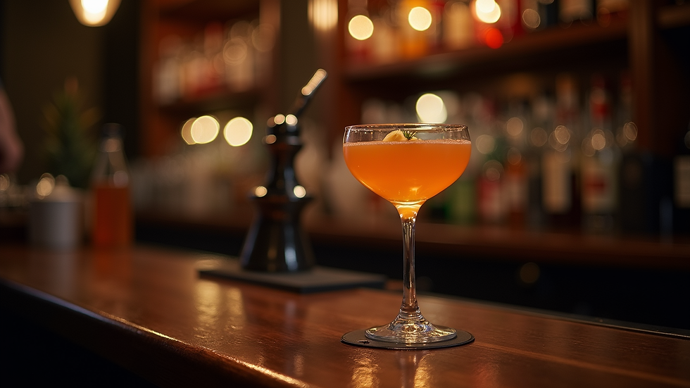 Close-up view of a classic cocktail being served at a dimly lit bar