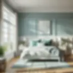 A serene Hamptons bedroom featuring soft blue walls with green accents and white trim