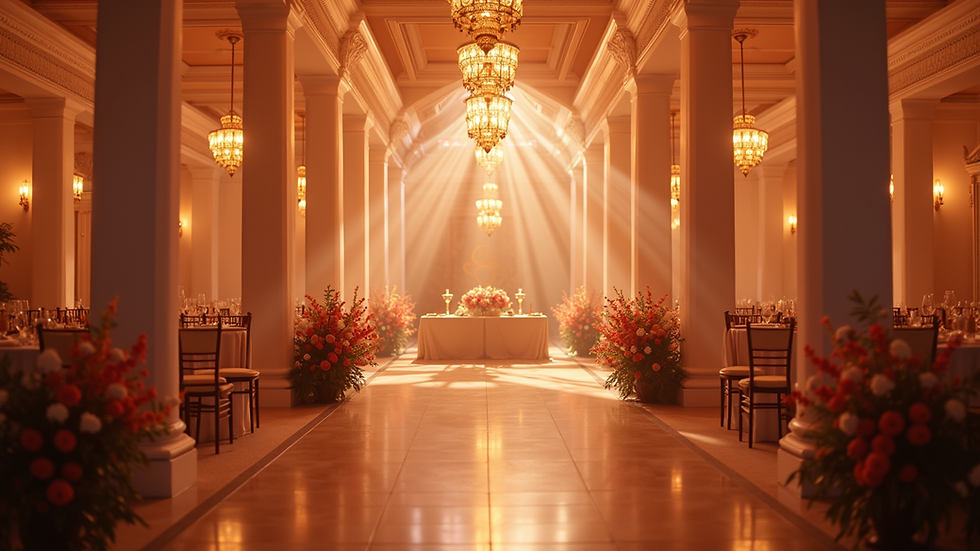 Eye-level view of a beautifully decorated event space with elegant lighting