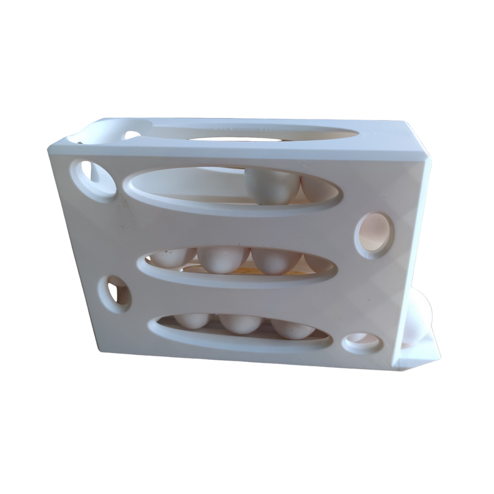 Vista frontal: Suporte Ovos Dispensador 3 Níveis em Cozinha, um suporte ovos frigorifico 3 niveis impresso em 3D.