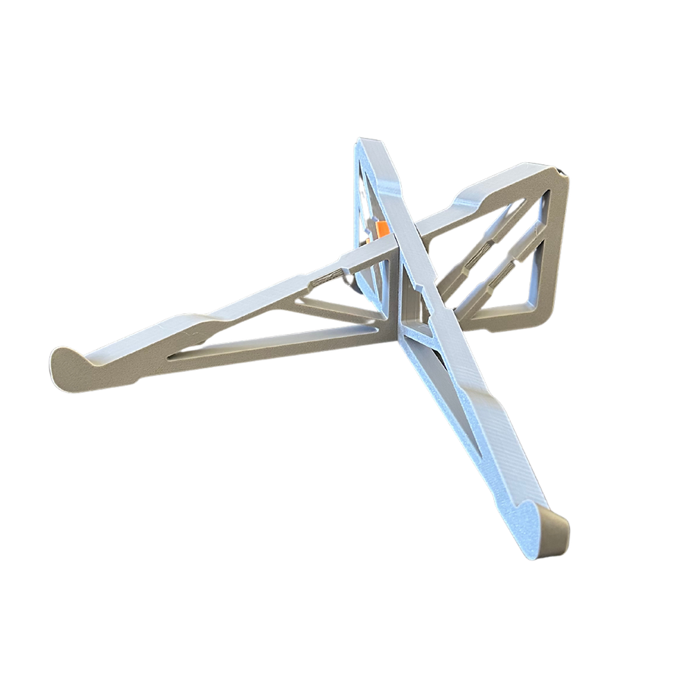 Vista frontal: Suporte Portátil Compacto Dobrável em Escritório, um suporte portatil compacto impresso em 3D.