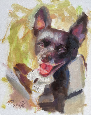 Oil painting of a dog in a backpack