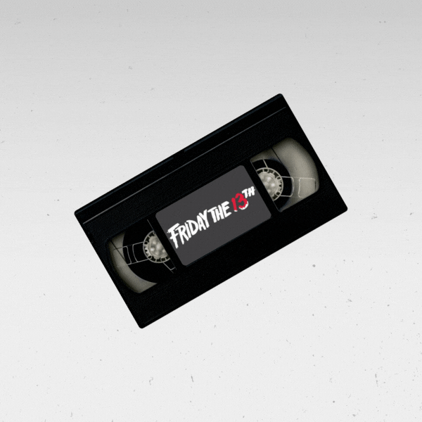 Animated GIF of a VHS tape of "Friday the 13th" rotating