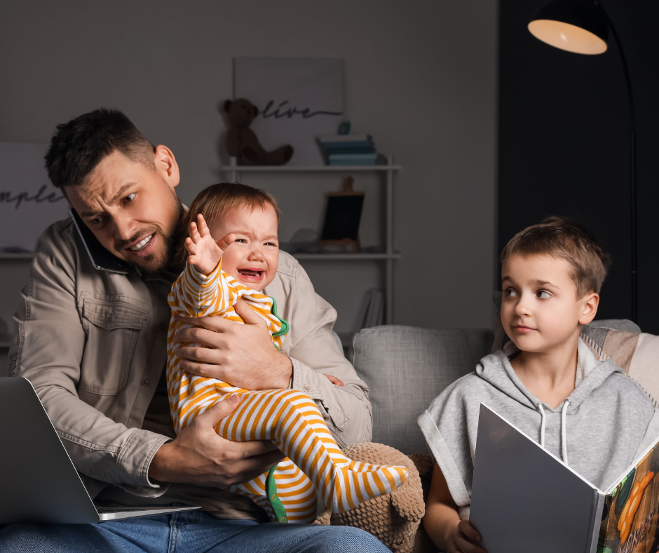 Multitasking, stressed, baby crying, kid with homework, work, computer,
