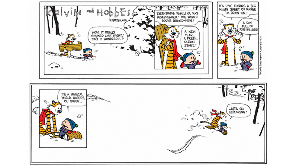 Image of Bill Watterson's last comic strip of Calvin and Hobbes