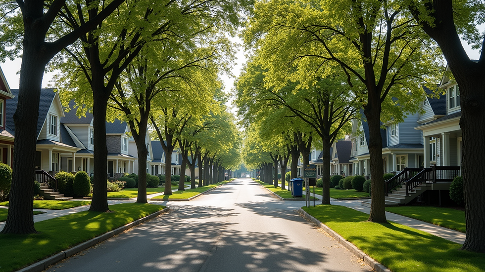 High angle view of a quiet residential street lined with trees and houses in Kemptville