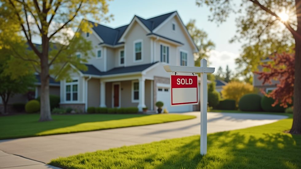Eye-level view of a charming suburban house with a sold sign in front