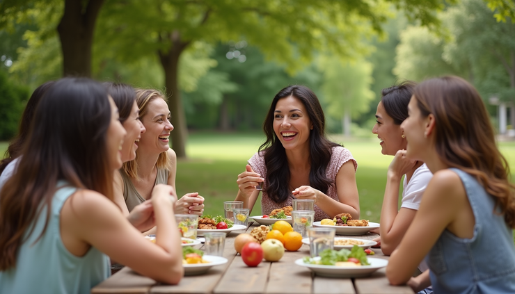 Eye-level view of a diverse group of women sharing a healthy meal outdoors
